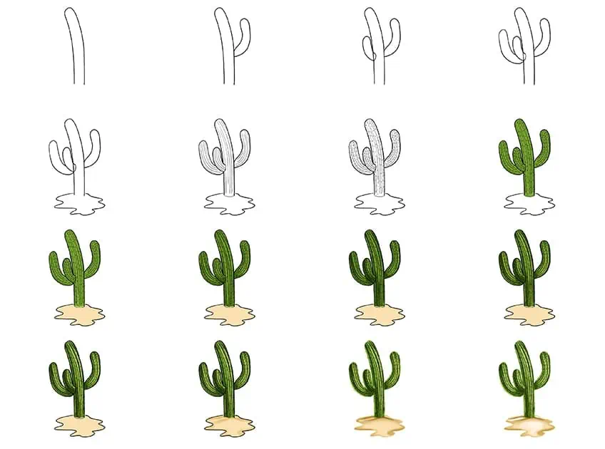 zeichne einen Kaktus Schritt für Schritt
