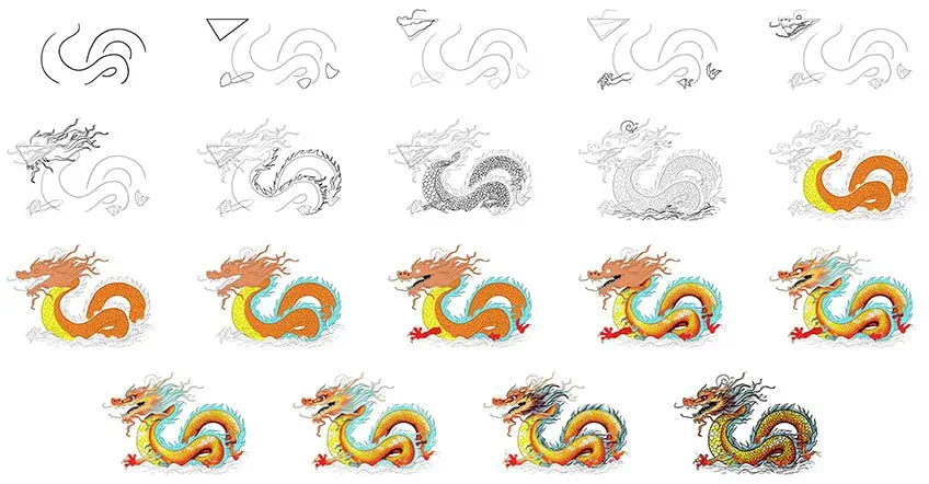 chinesischer drache zeichnung collage