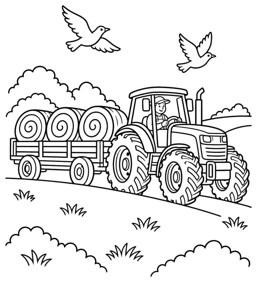 Ausmalbild: Traktor zieht Anhänger mit drei Heuballen, dazu Bauer, Büsche und zwei Vögel