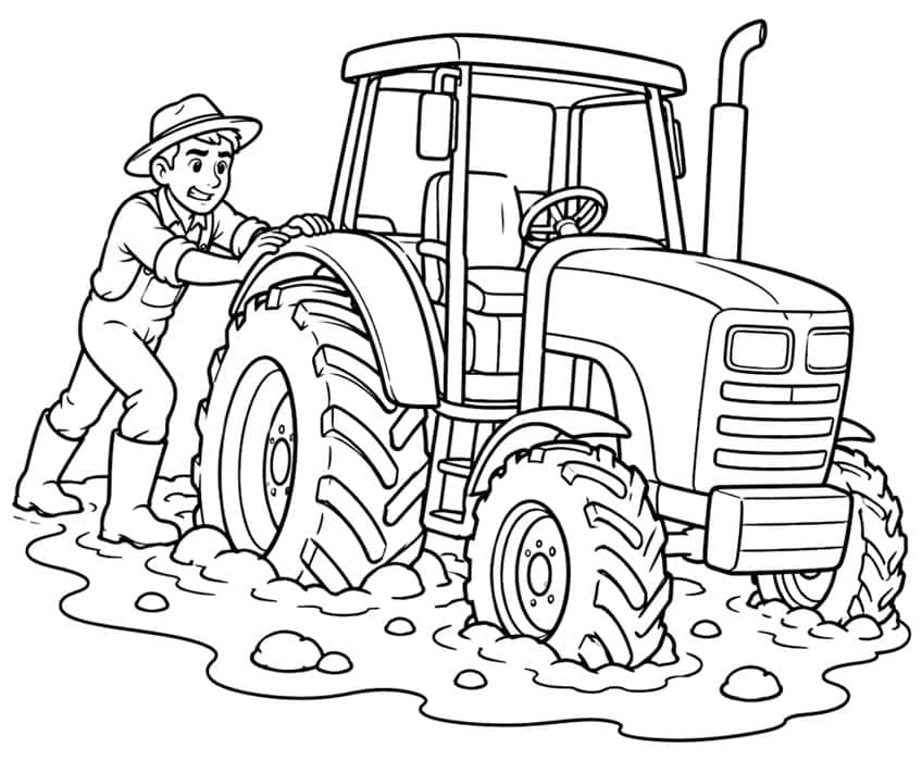 Ausmalbild: Bauer mit Hut schiebt einen im Schlamm feststeckenden Traktor