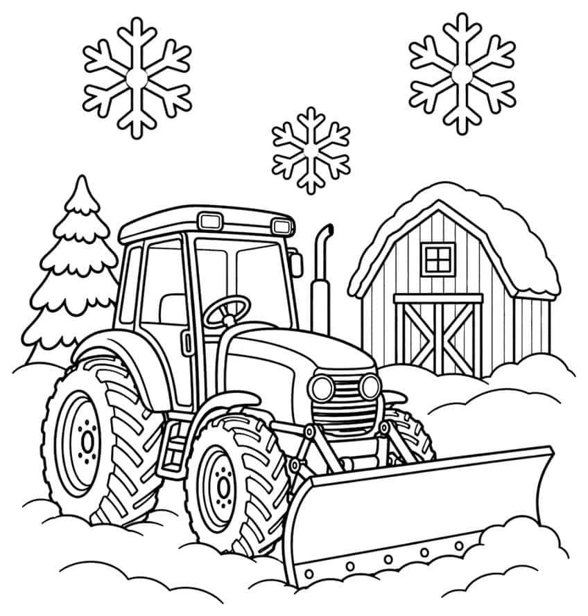 Traktor mit Schneepflug im Schnee vor Scheune und Tanne, darüber Schneeflocken