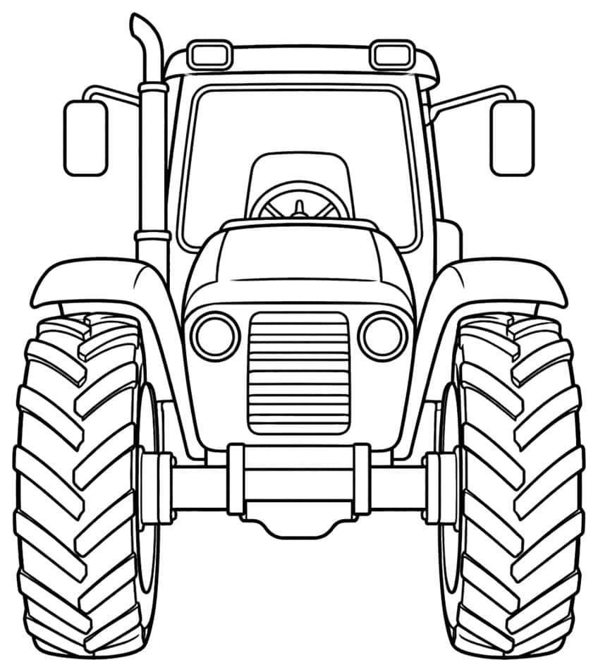 Ausmalbild Traktor in Frontansicht mit Kühlergrill und großen Reifen