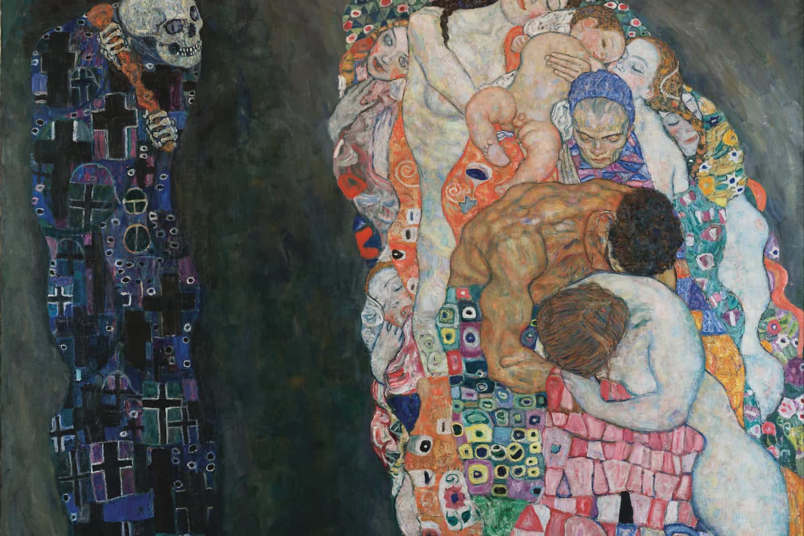 Gustav Klimts Gemälde „Tod und Leben“ zeigt den Tod neben einer eng verschlungenen Gruppe schlafender Menschen.