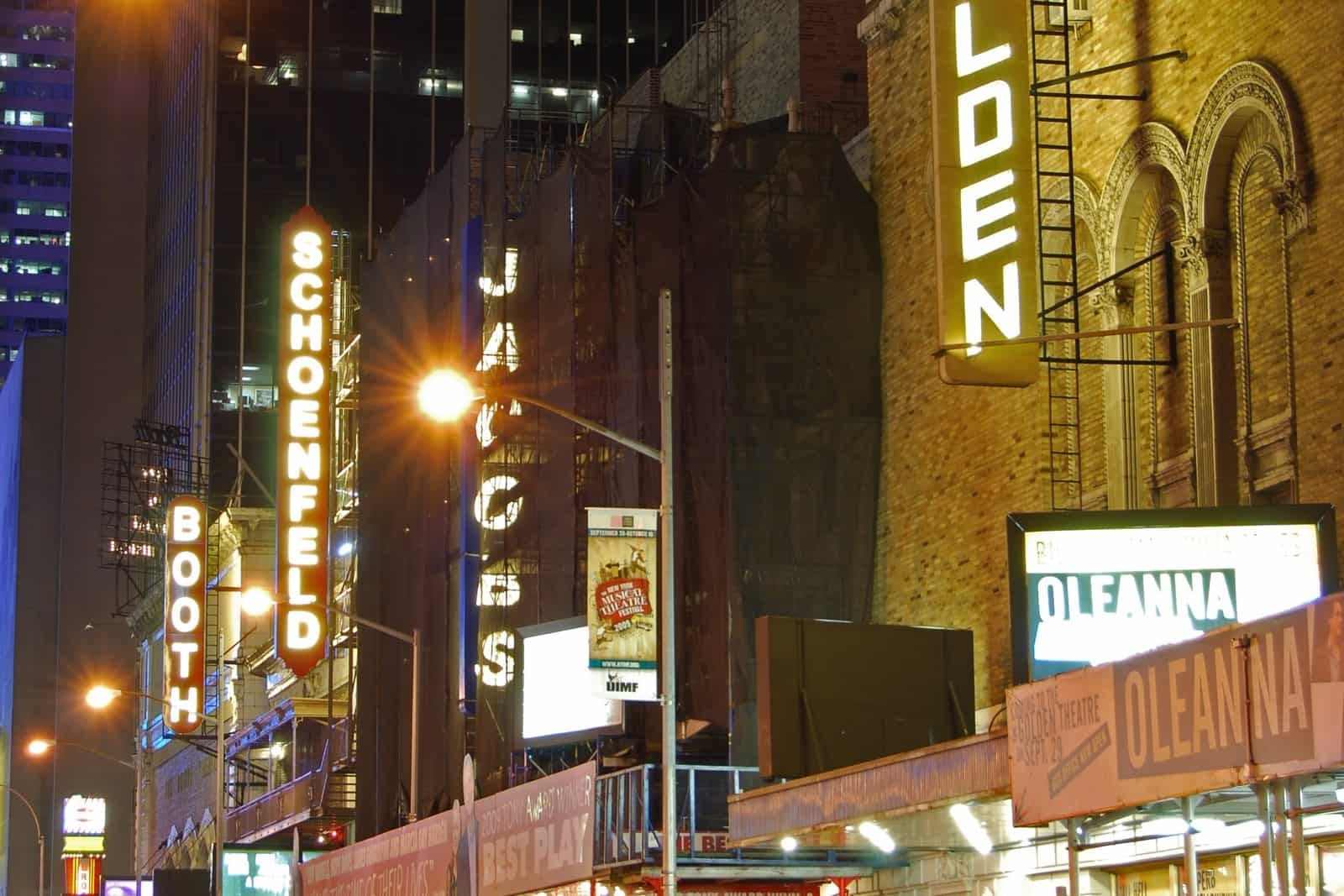 Eine hochauflösende Aufnahme der Broadway-Theater an der 45th Street macht das urbane Bühnenmilieu sichtbar, das Hirschfeld über Jahrzehnte mit dem Zeichenstift begleitete.