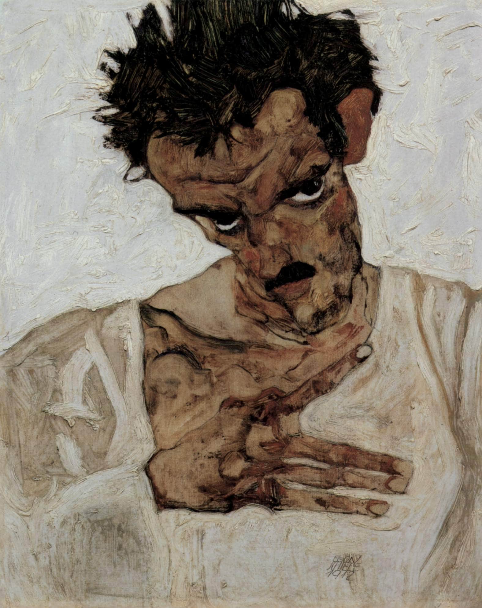Egon Schieles Selbstporträt mit gesenktem Kopf von 1912.