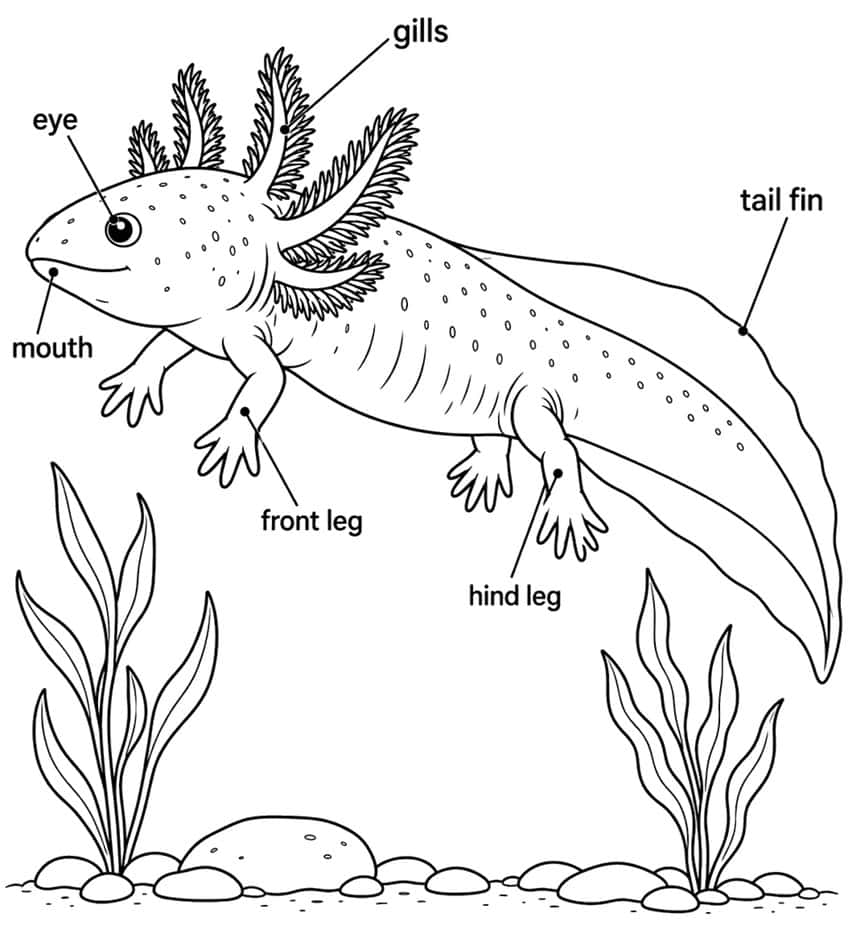 Ausmalbild: Axolotl mit beschrifteten Körperteilen über Wasserpflanzen und Kieseln