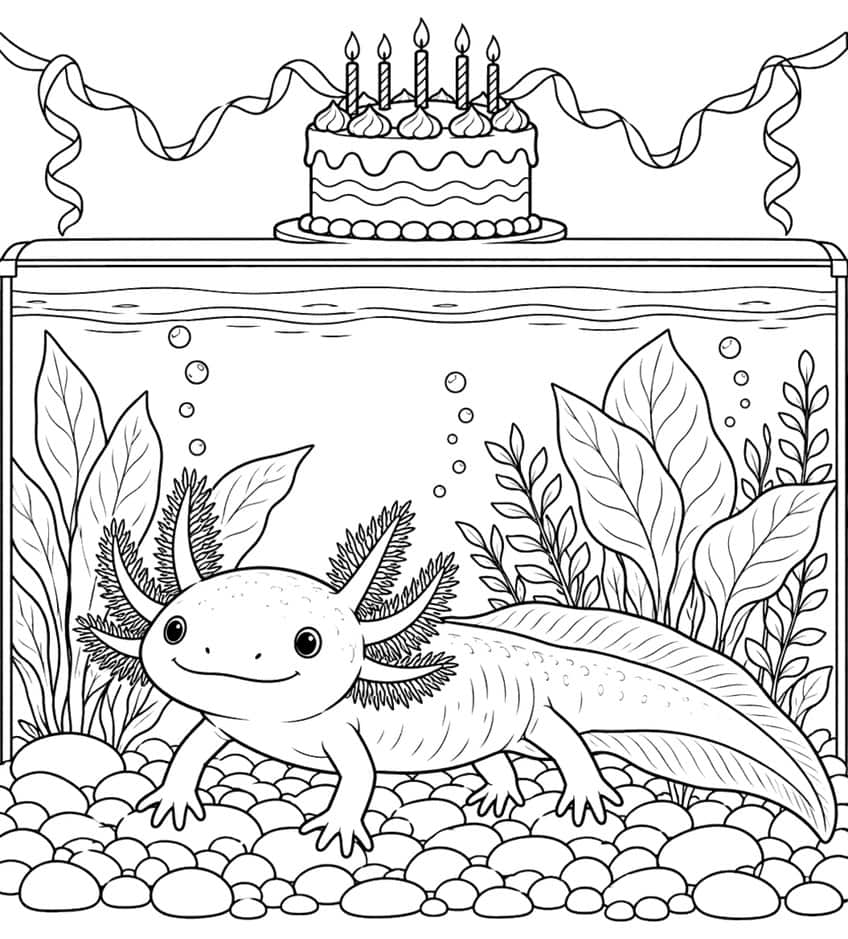 Ausmalbild: Axolotl im Aquarium, oben eine Geburtstagstorte mit Kerzen und Luftschlangen