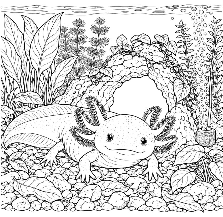 Ausmalbild: Axolotl auf Kies im Aquarium vor einer Steinhöhle mit Pflanzen und Luftblasen