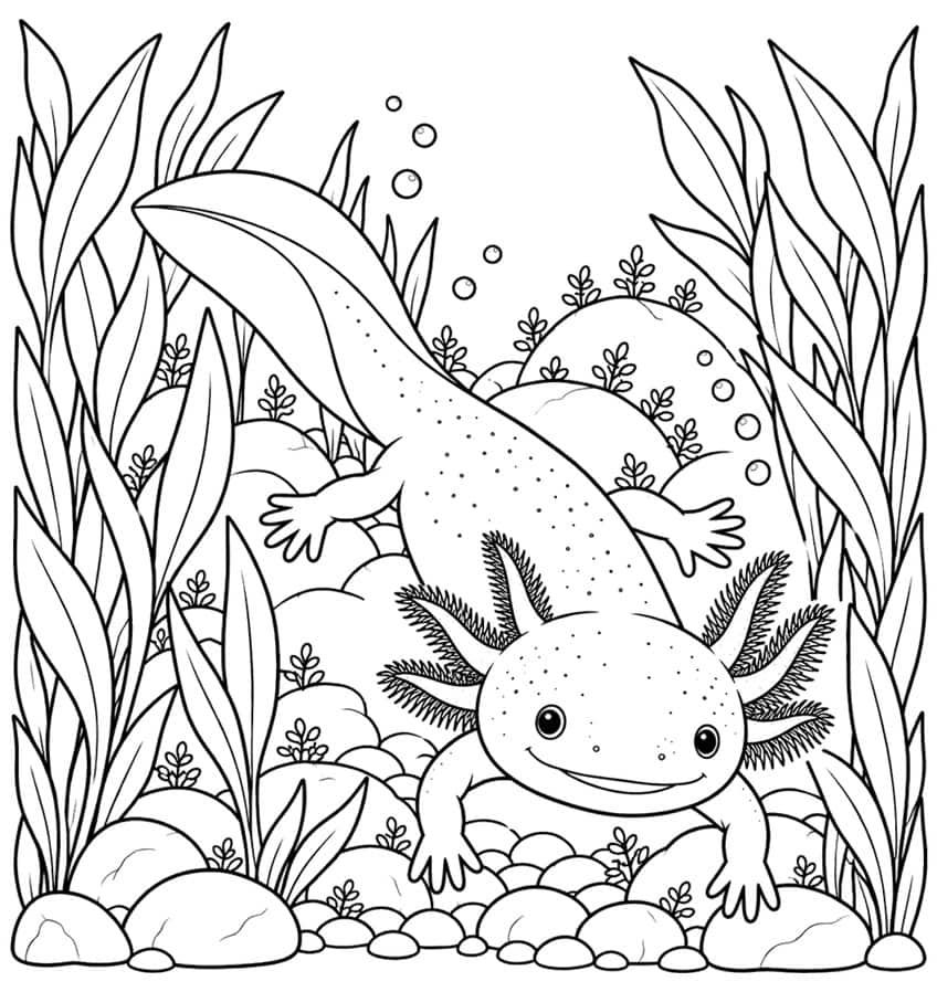 Ausmalbild: gepunkteter Axolotl zwischen langen Wasserpflanzen, Steinen und Luftblasen
