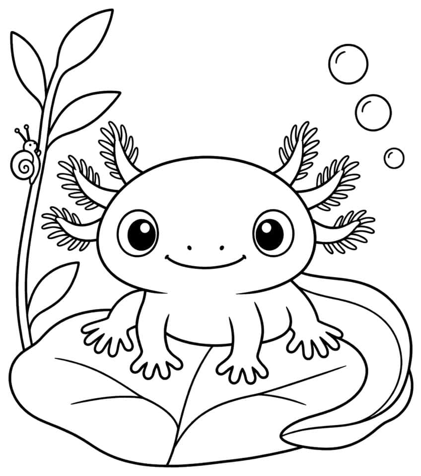 Ausmalbild: Axolotl-Baby sitzt auf einem Blatt, daneben ein Stängel mit Schnecke und Luftblasen