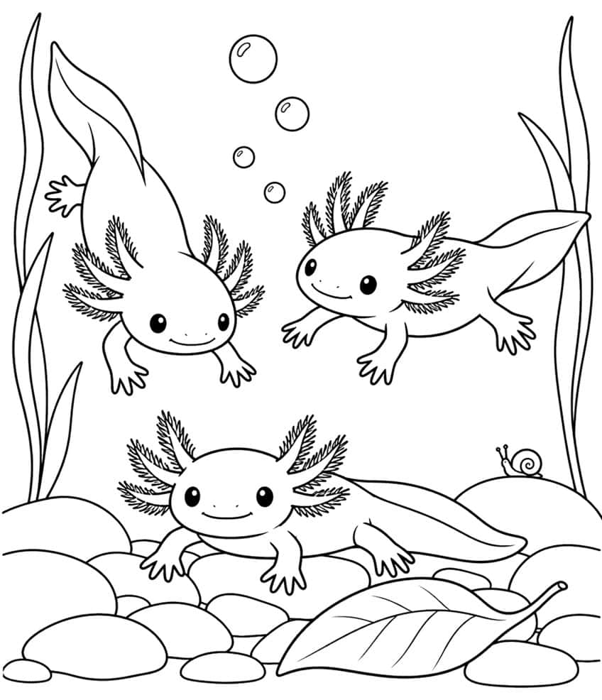 Ausmalbild: drei Axolotl zwischen Steinen, Wasserpflanzen und Blasen, dazu eine kleine Schnecke