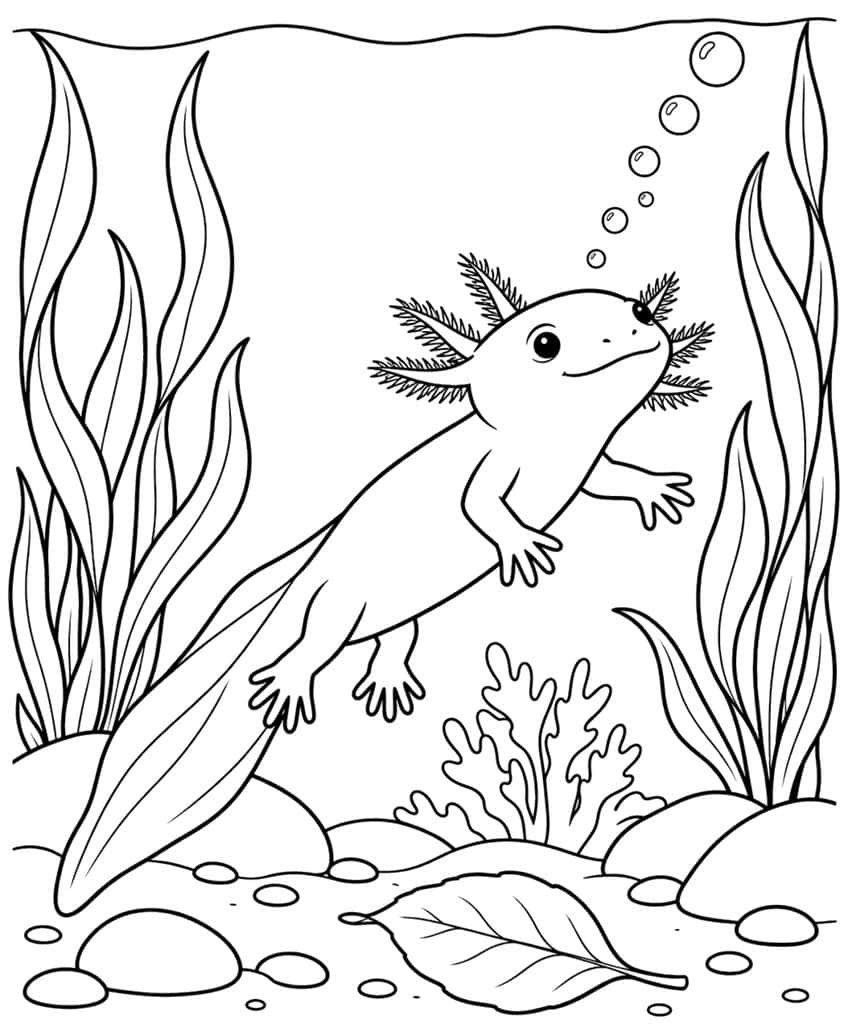 Malvorlage: Axolotl schwimmt zwischen Seegras nach oben zu aufsteigenden Luftblasen