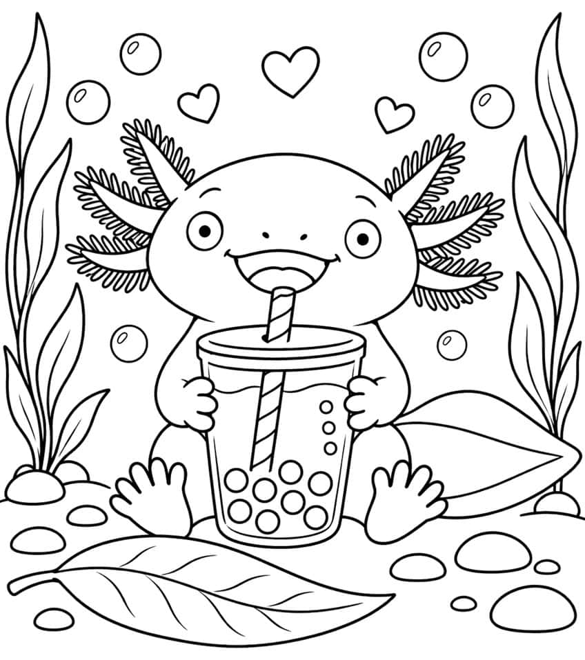 Ausmalbild: Axolotl schlürft Bubble Tea mit Strohhalm, umgeben von Herzen und Wasserpflanzen