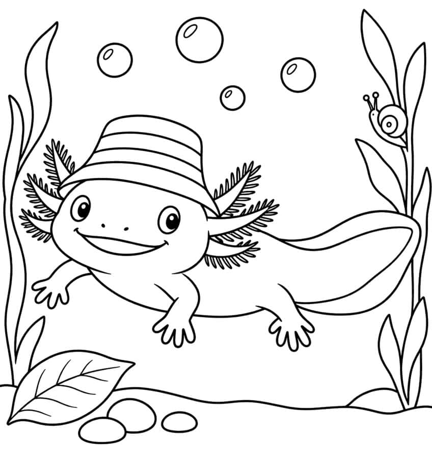 Ausmalbild: lachender Axolotl mit gestreiftem Hut, Luftblasen, Schnecke und Wasserpflanzen