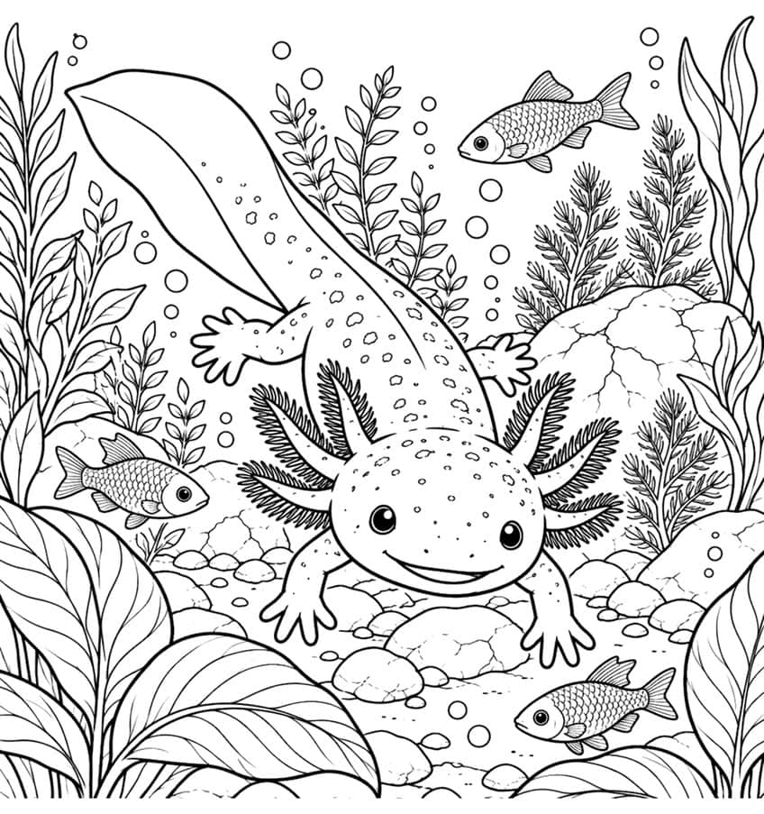 Ausmalbild: Axolotl mit drei Fischen, Steinen und Wasserpflanzen in einem Aquarium