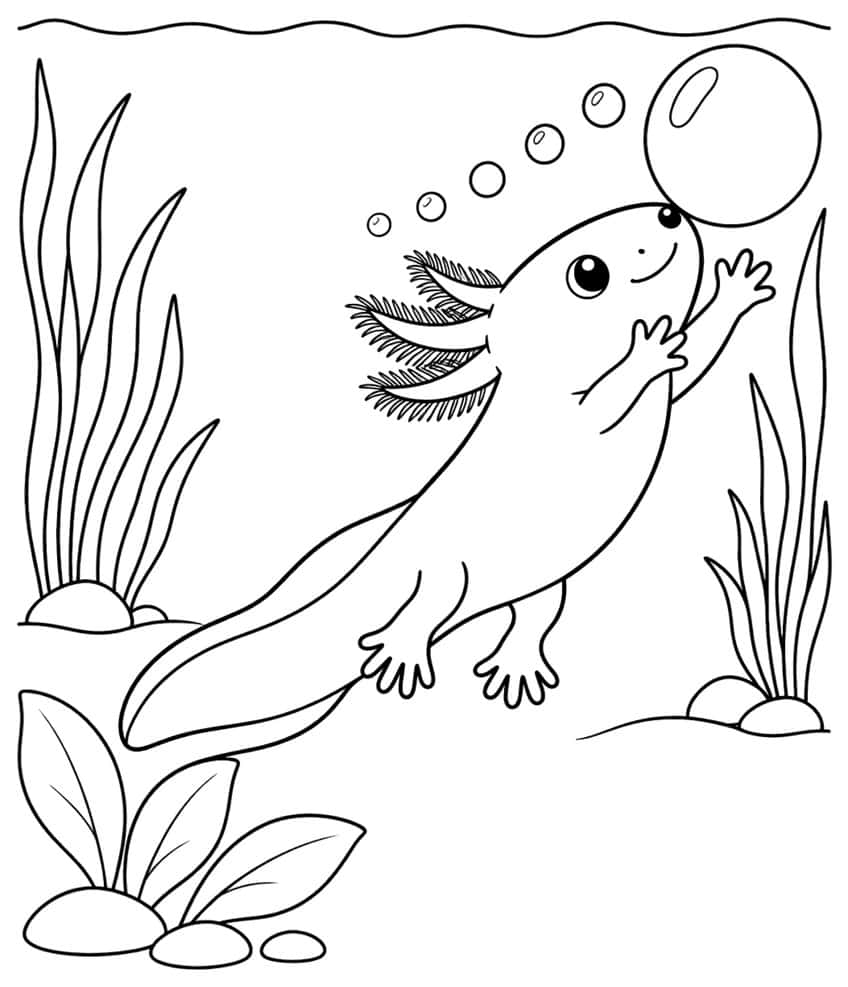 Ausmalbild: Axolotl schwimmt einer großen Luftblase nach, umgeben von Seegras und Steinen