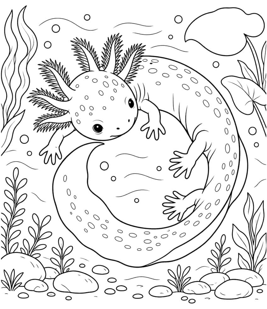 Ausmalbild: zusammengerollter Axolotl mit Punkten zwischen Wasserpflanzen und Kieseln