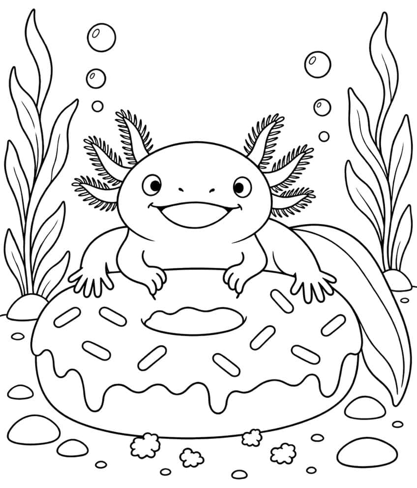 Ausmalbild: lachender Axolotl auf einem Donut mit Streuseln zwischen Wasserpflanzen