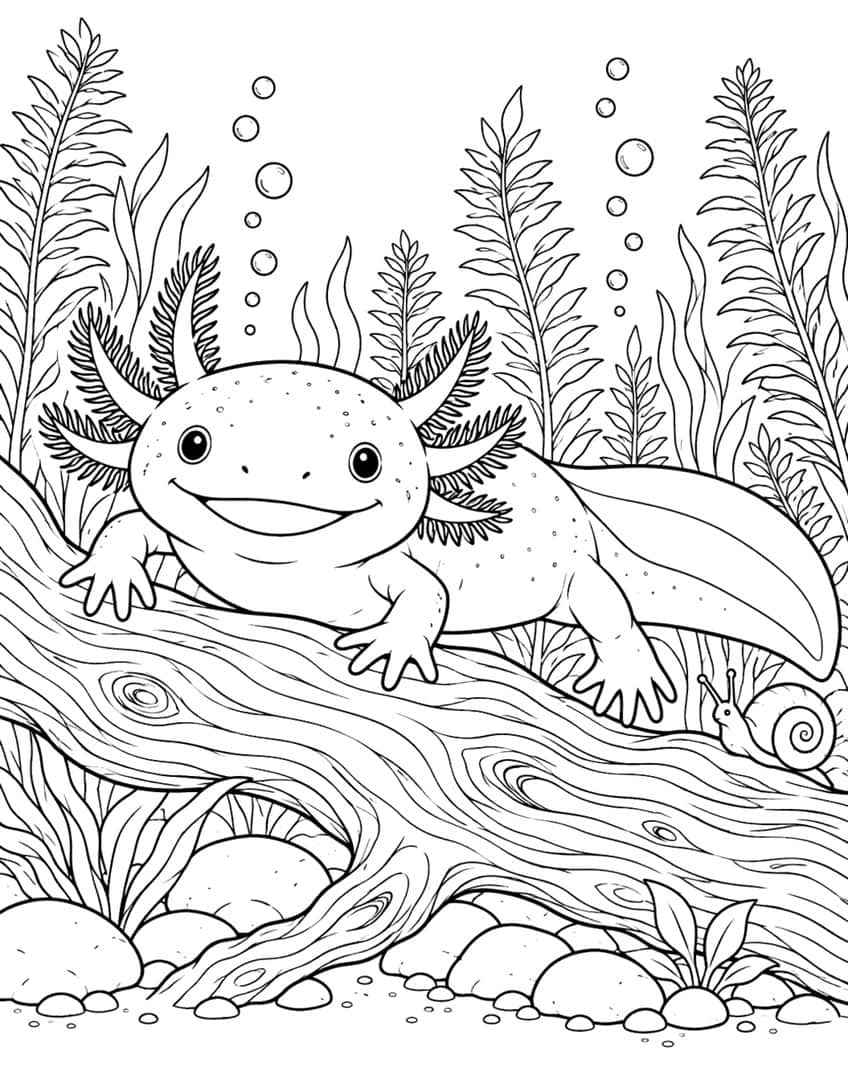 Ausmalbild: Axolotl liegt auf Treibholz zwischen Wasserfarnen, daneben eine kleine Schnecke
