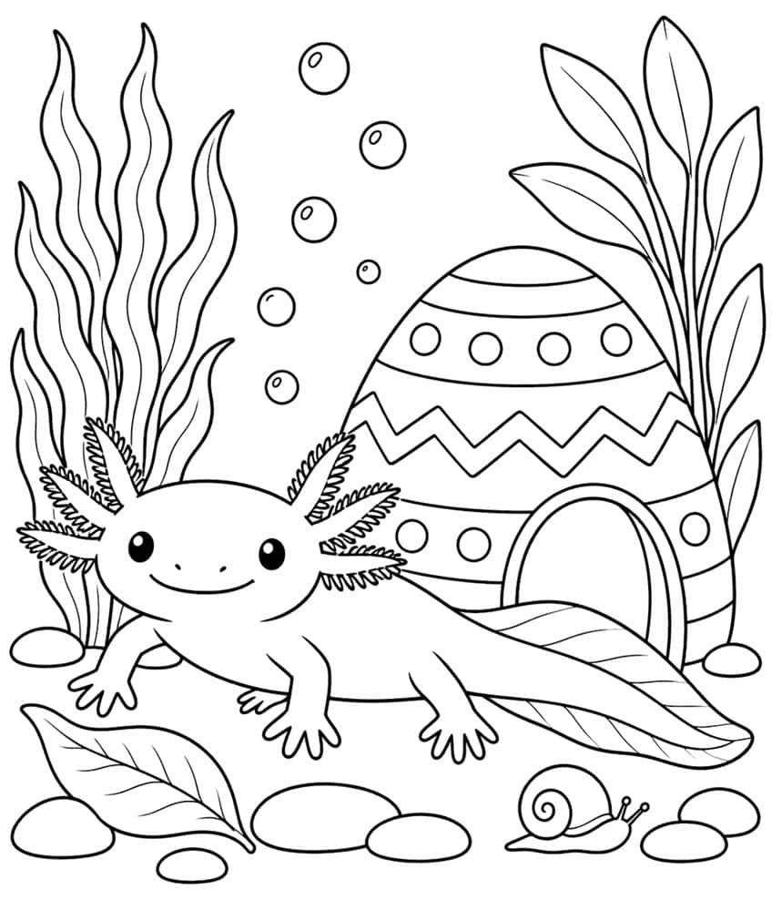 Ausmalbild: Axolotl vor einem gemusterten Osterei-Häuschen mit Schnecke und Wasserpflanzen