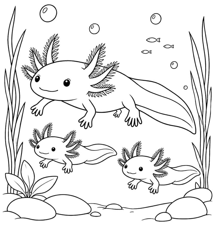 Ausmalbild: großer Axolotl mit zwei jungen Axolotl zwischen Seegras, Steinen und Fischen