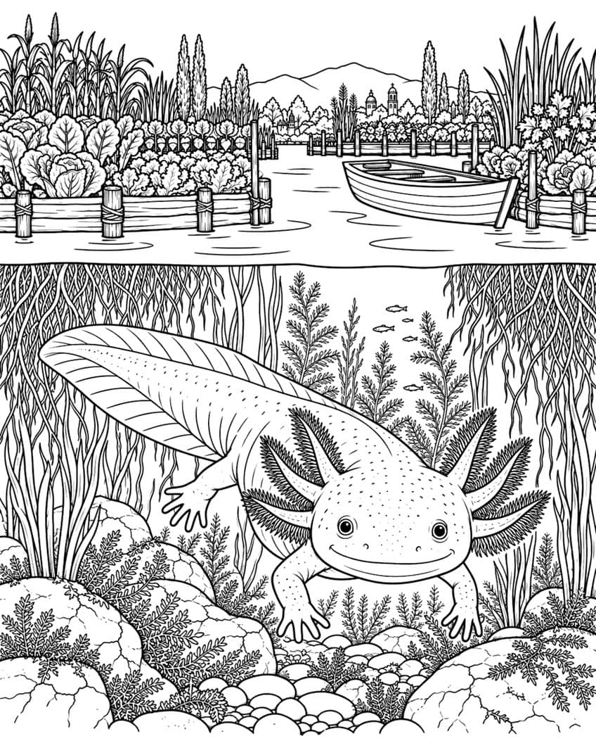 Ausmalbild: Axolotl unter Wasser zwischen Wurzeln, darüber schwimmende Gemüsebeete und ein Boot