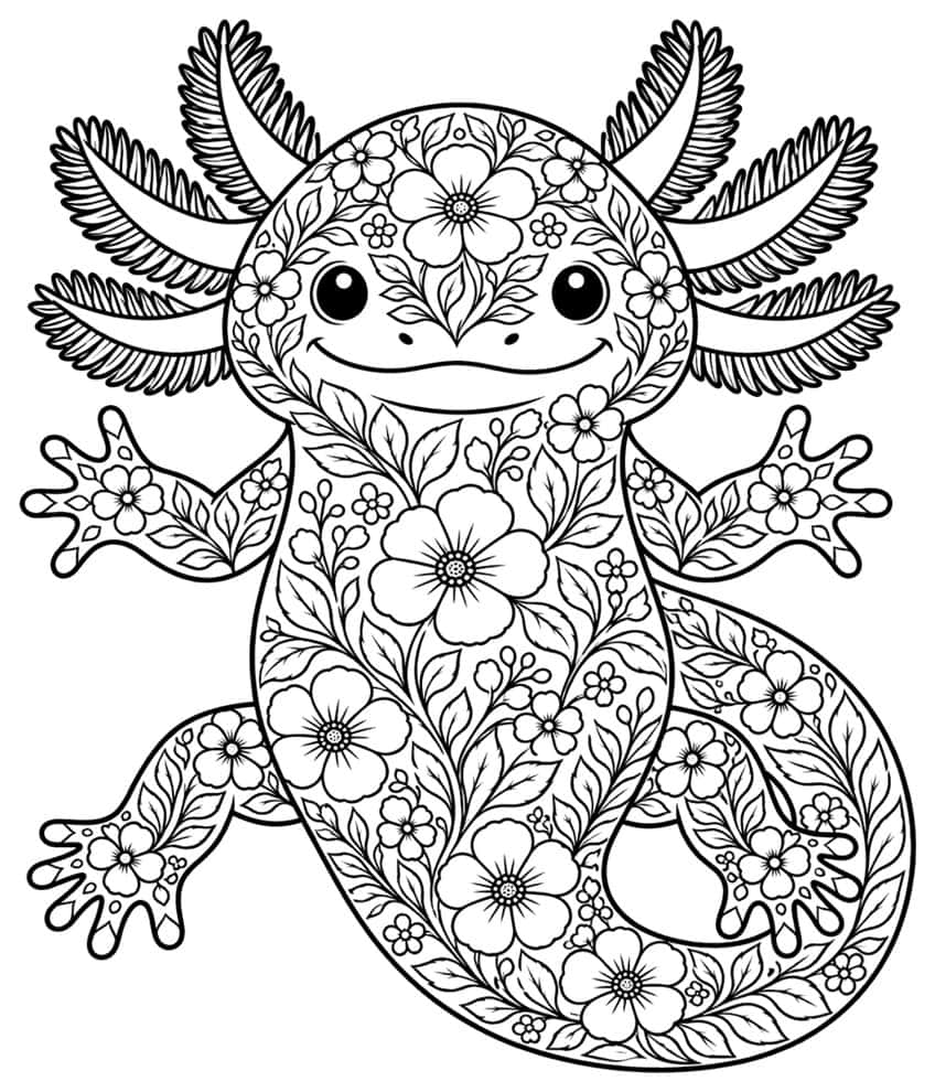 Ausmalbild: lächelnder Axolotl, gefüllt mit Blumen- und Blättermuster