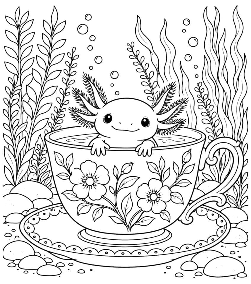 Ausmalbild: Axolotl sitzt in einer Teetasse mit Blumen, umgeben von Wasserpflanzen