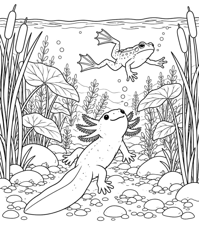 Ausmalbild: Axolotl am Teichgrund schaut zu einem schwimmenden Frosch zwischen Rohrkolben hinauf