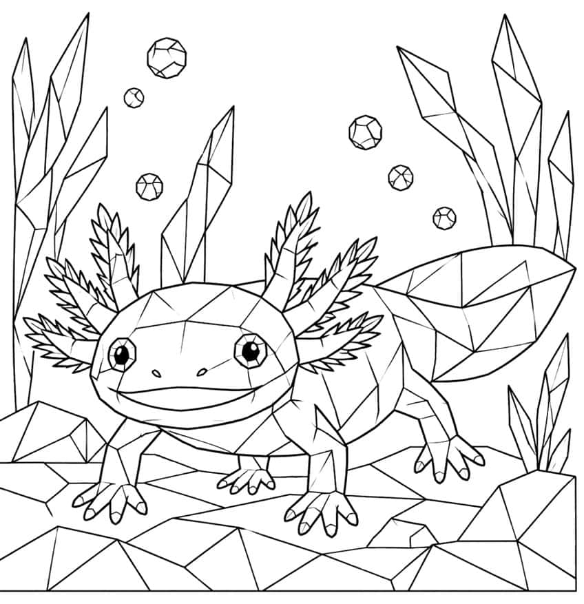 Ausmalbild eines Axolotls im Low-Poly-Stil zwischen Kristallen und eckigen Luftblasen