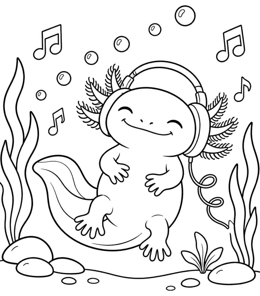 Ausmalbild: Axolotl mit Kopfhörern tanzt unter Wasser zwischen Musiknoten und Luftblasen