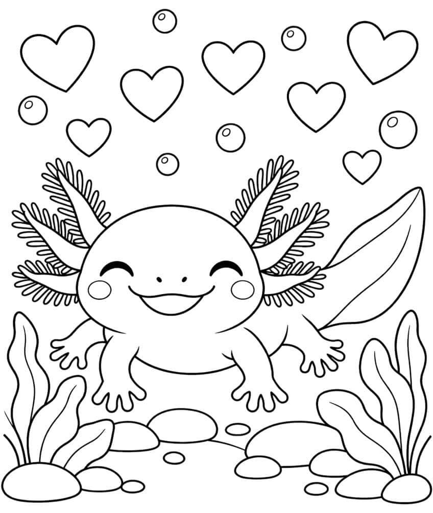 Ausmalbild: lachender Axolotl mit Herzen und Luftblasen über Steinen und Wasserpflanzen