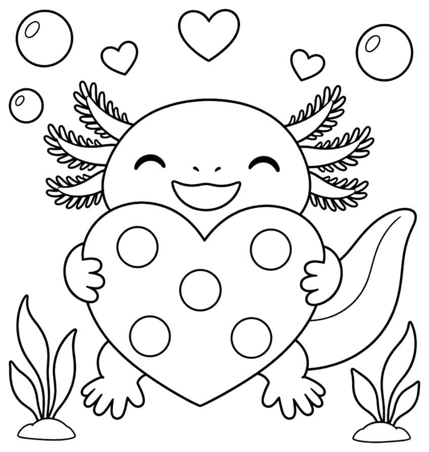 Ausmalbild: lachender Axolotl hält ein gepunktetes Herz, umgeben von Herzen, Blasen und Pflanzen