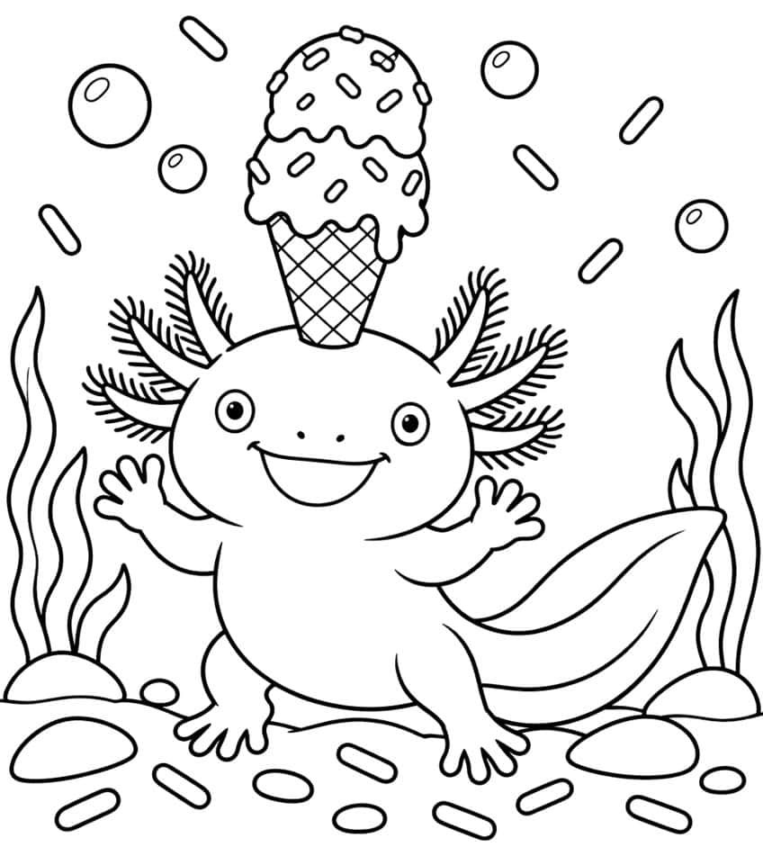 Ausmalbild: lachender Axolotl mit Eistüte auf dem Kopf zwischen Streuseln, Blasen und Seegras