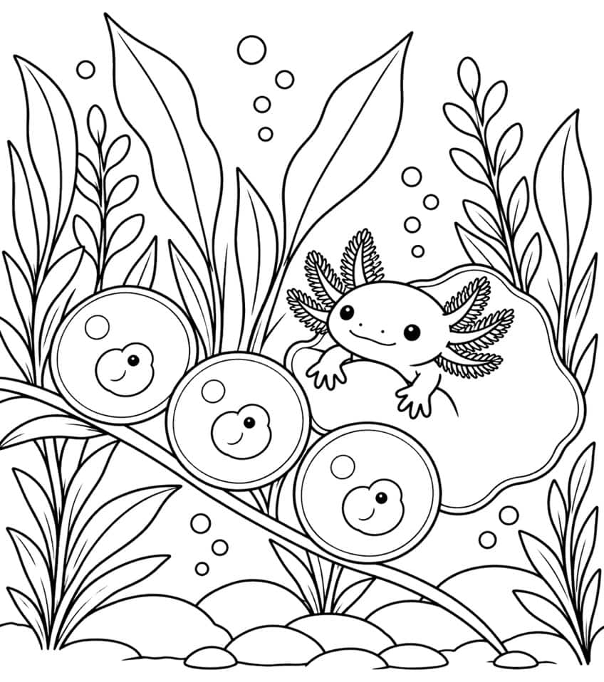Ausmalbild: Axolotl schlüpft aus dem Ei, daneben drei Eier mit Larven zwischen Wasserpflanzen