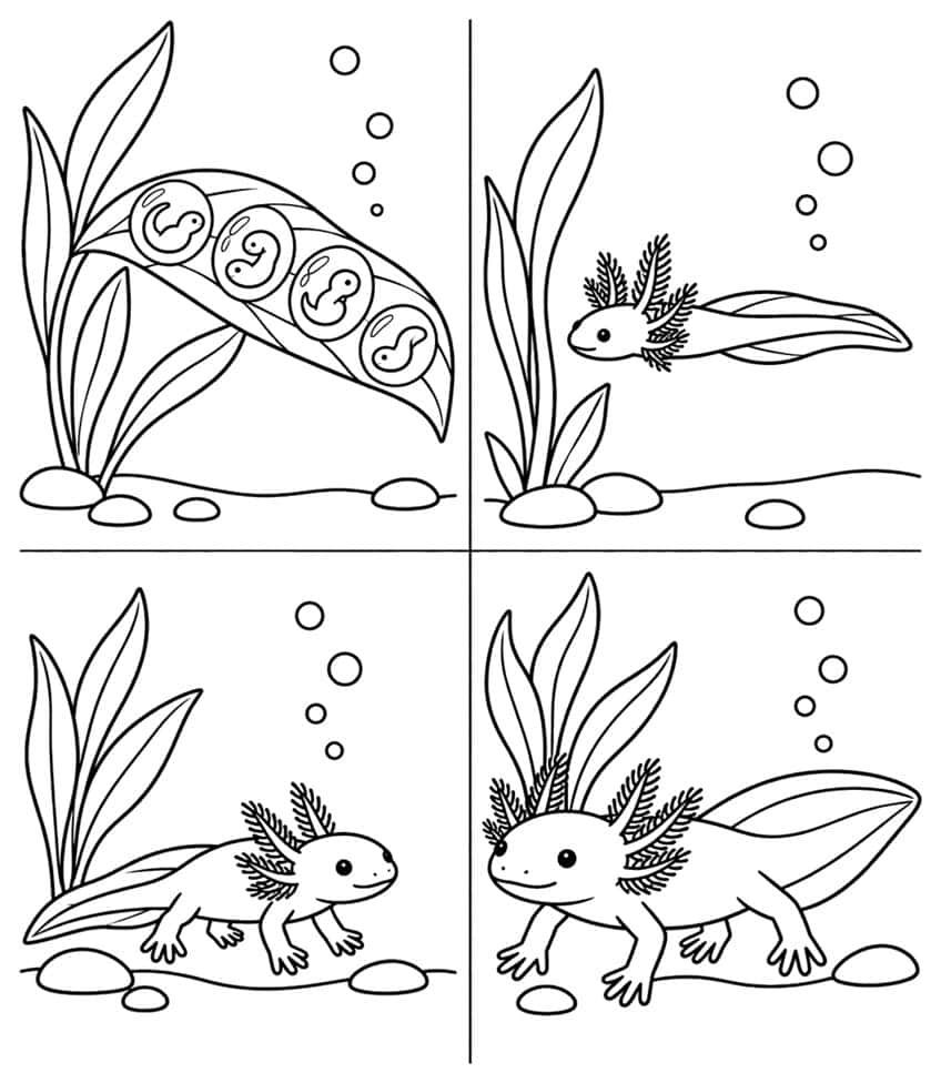 Ausmalbild mit vier Feldern: Axolotl vom Ei über Larve und Jungtier bis zum ausgewachsenen Tier