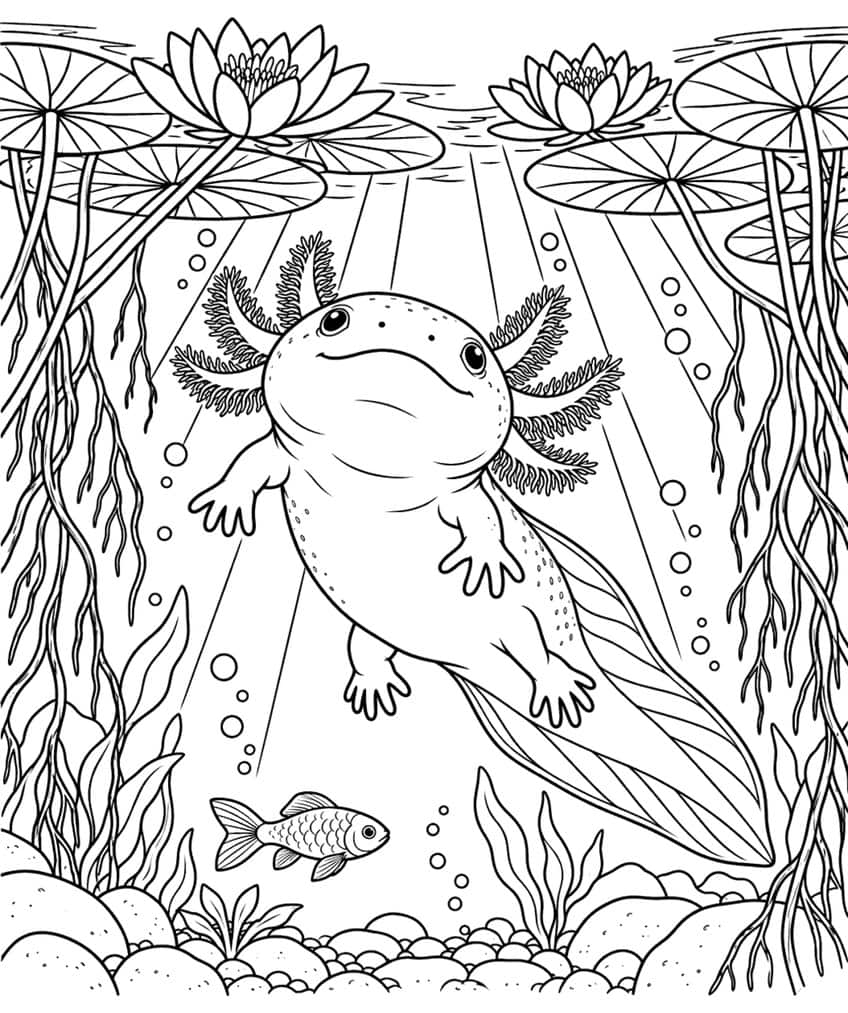 Ausmalbild: Axolotl schwebt unter Lichtstrahlen, mit Wurzeln, Fisch und Steinen