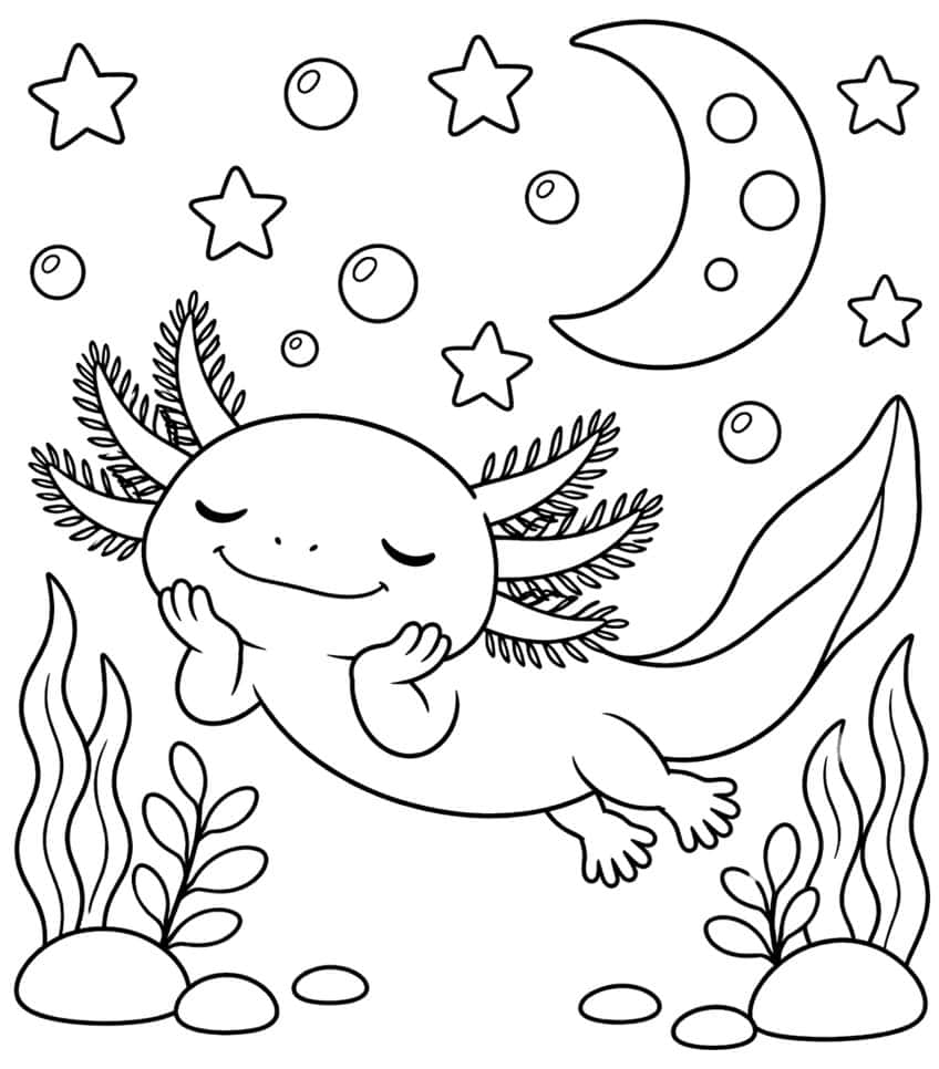 Ausmalbild: verträumter Axolotl mit Mondsichel, Sternen, Luftblasen und Wasserpflanzen