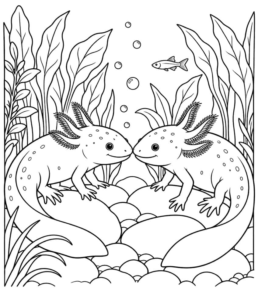 Ausmalbild: zwei Axolotl Nase an Nase zwischen Wasserpflanzen und Steinen, darüber ein kleiner Fisch