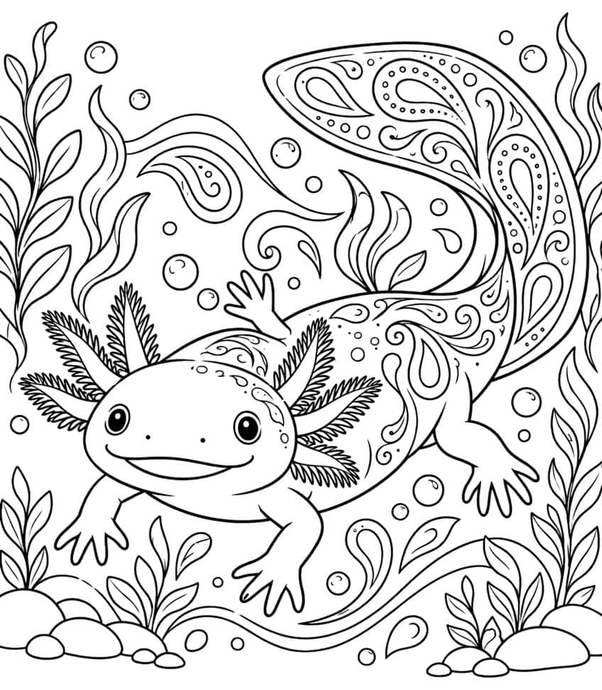 Ausmalbild: Axolotl mit Paisley-Ornamenten auf dem Körper zwischen Wasserpflanzen und Luftblasen