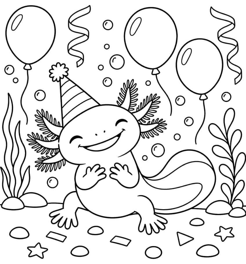 Ausmalbild: lachender Axolotl mit Partyhut zwischen Luftballons, Luftschlangen und Konfetti
