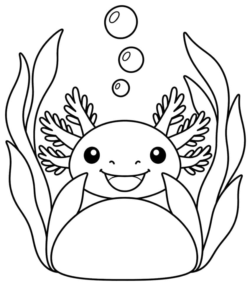 Ausmalbild: lachender Axolotl schaut über einen Stein, umgeben von langen Blättern und Blasen