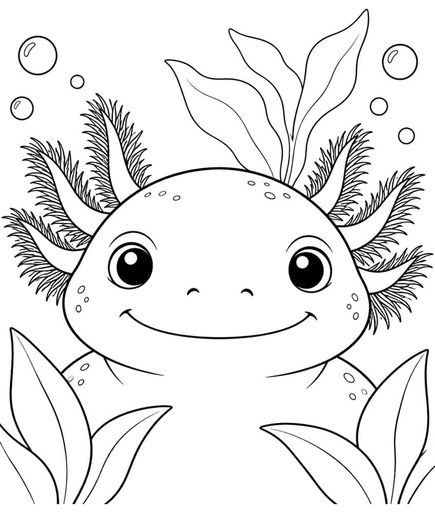 Ausmalbild: Porträt eines lächelnden Axolotls mit Kiemenbüscheln zwischen Blättern und Blasen