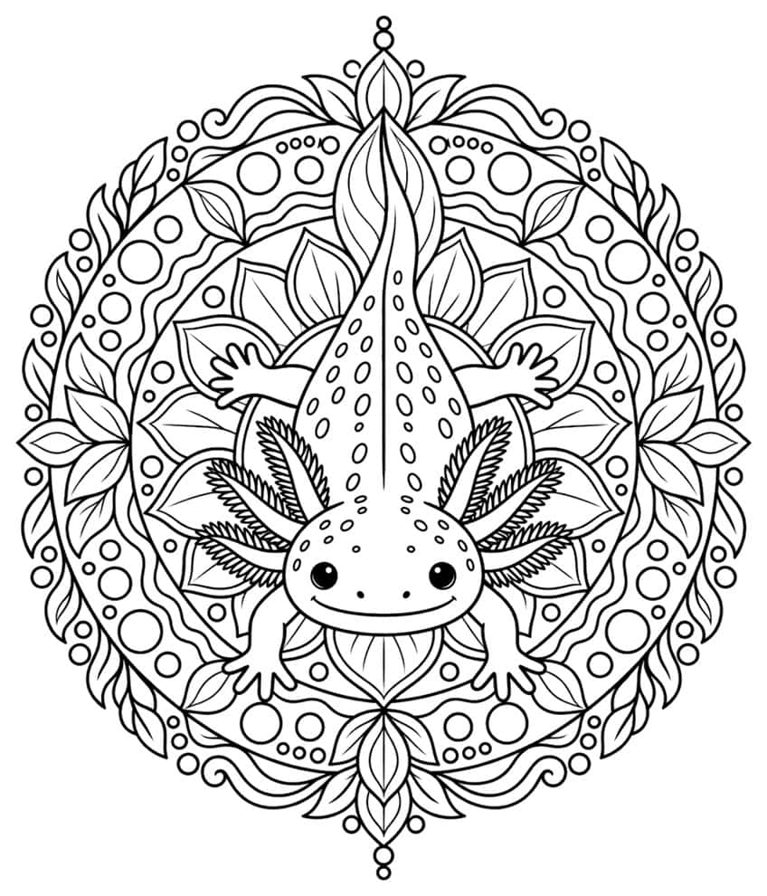 Ausmalbild: Axolotl von oben in der Mitte eines runden Mandalas aus Blättern und Kreisen