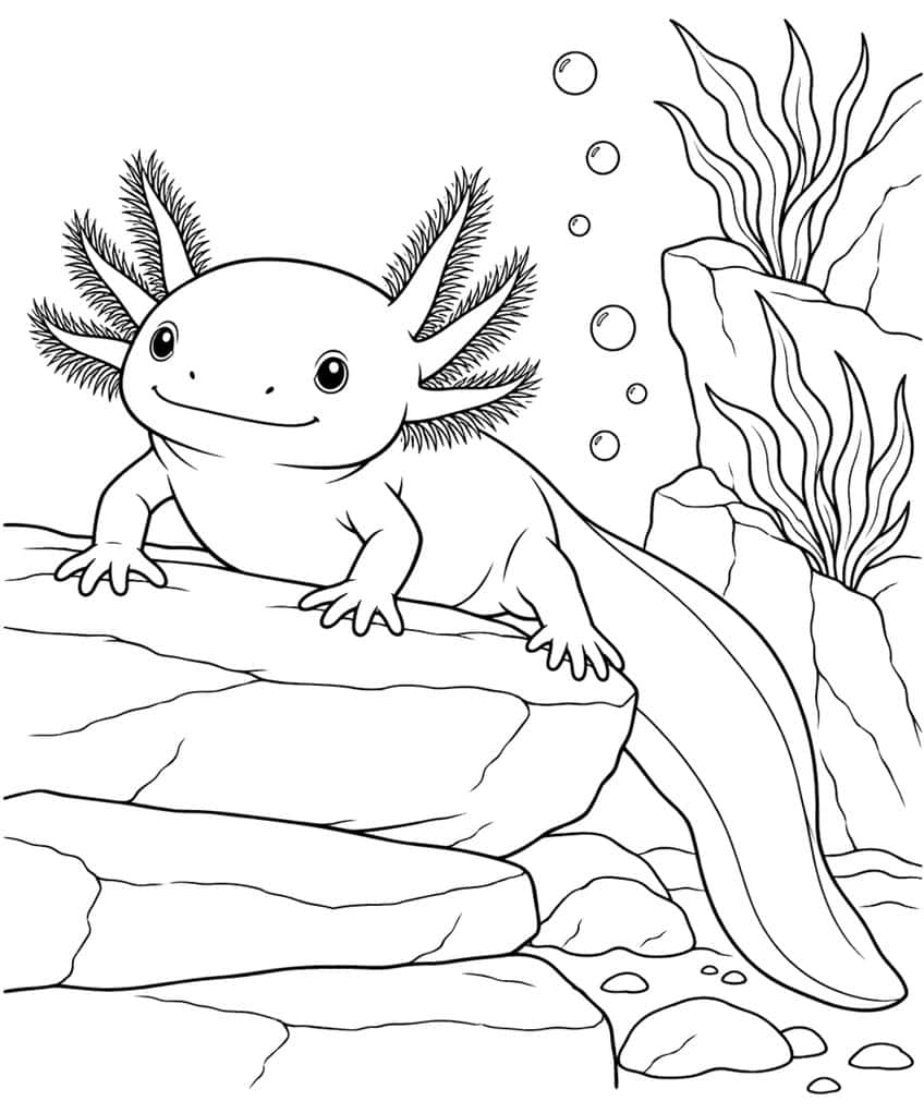 Ausmalbild: lächelnder Axolotl auf Felsstufen mit Algen und Luftblasen
