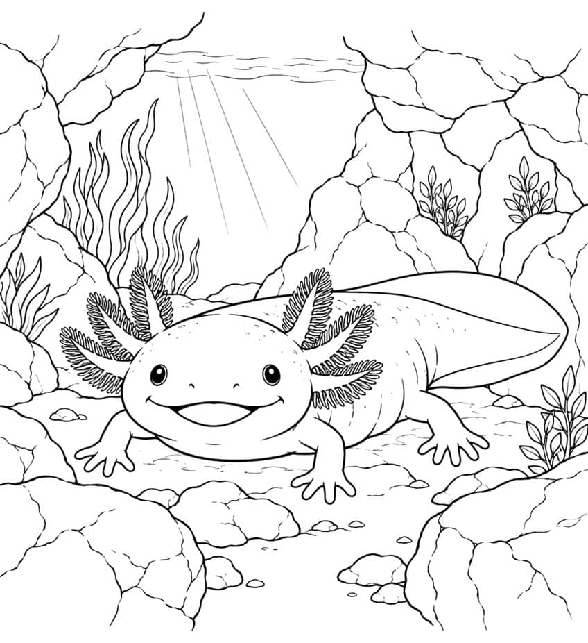 Ausmalbild: lächelnder Axolotl in einer Felsenhöhle unter Wasser mit Pflanzen und Lichtstrahlen