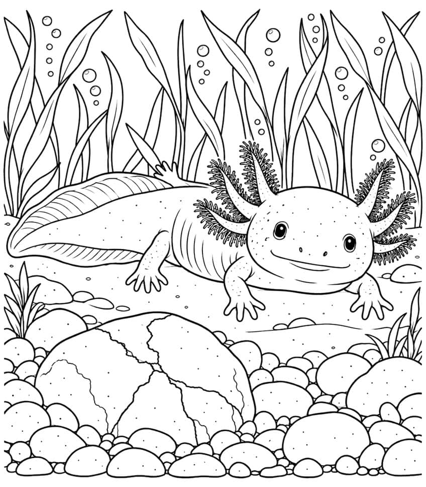 Ausmalbild: lächelnder Axolotl auf einer Sandbank zwischen Wasserpflanzen, Luftblasen und Steinen