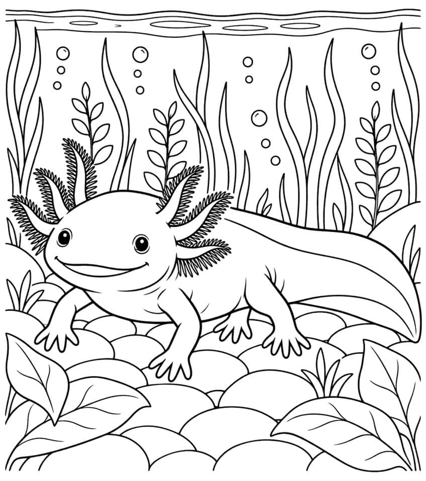 Ausmalbild: lächelnder Axolotl auf Kieselsteinen zwischen Wasserpflanzen und Luftblasen