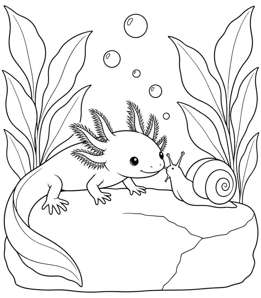 Ausmalbild: Axolotl auf einem Stein begegnet einer Schnecke zwischen Wasserpflanzen