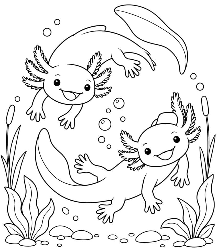 Ausmalbild: zwei lachende Axolotl schwimmen im Kreis zwischen Blasen und Wasserpflanzen